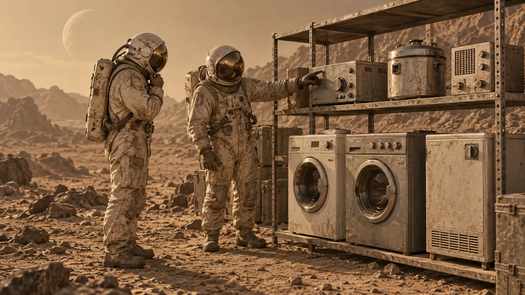 Two people in space suits discuss appliances in a shop on another planet